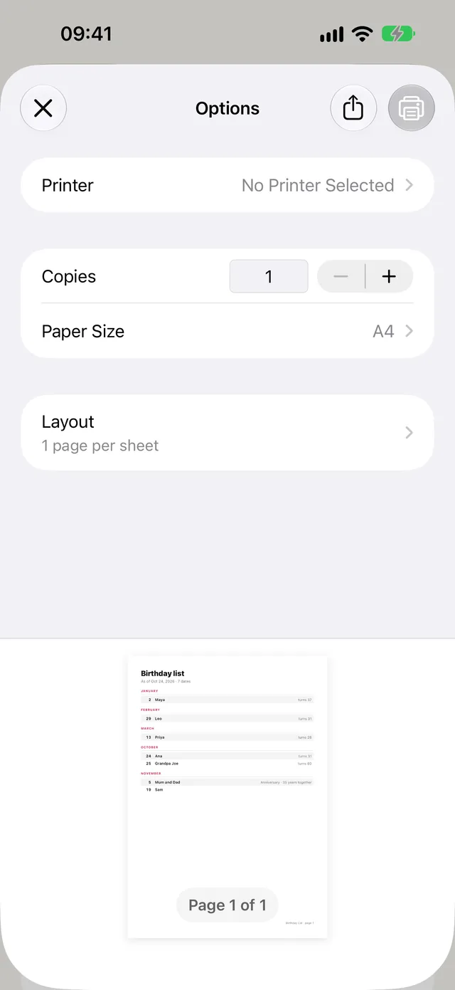 The birthday list as a page to print, by month, in the print panel