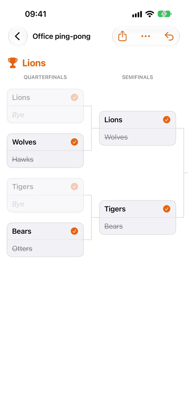 Bracket Cat with a finished knockout: tap a winner to move them on
