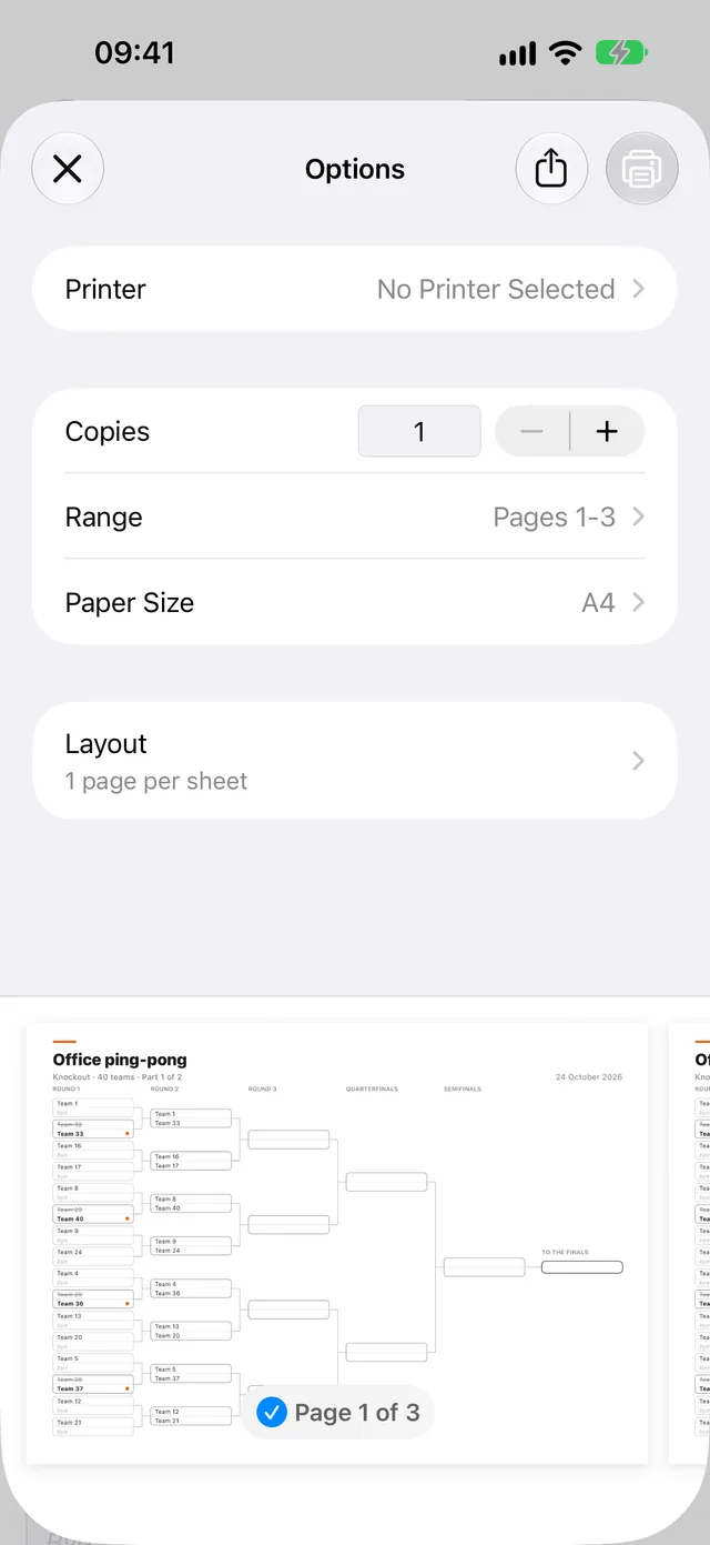A 40-team knockout in the print panel: the bracket splits into readable parts with lines to write on