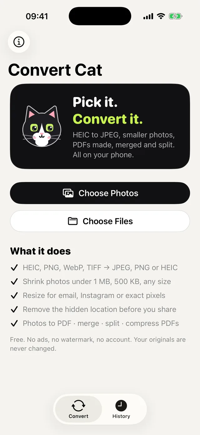 Convert Cat’s home screen: choose photos or files to convert