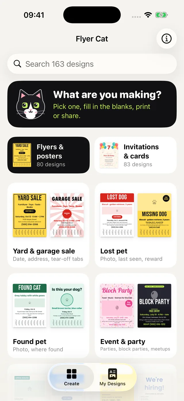 Flyer Cat’s home screen: flyers, posters and invitations