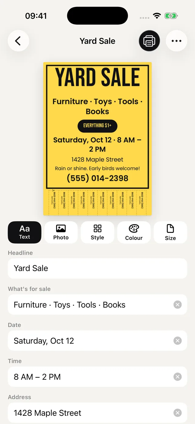 A yard sale flyer, being filled in