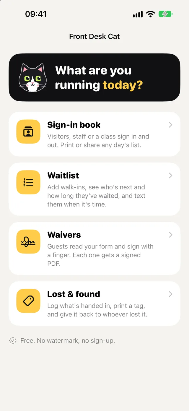Front Desk Cat’s home screen: sign-in book, waitlist, waivers and lost & found
