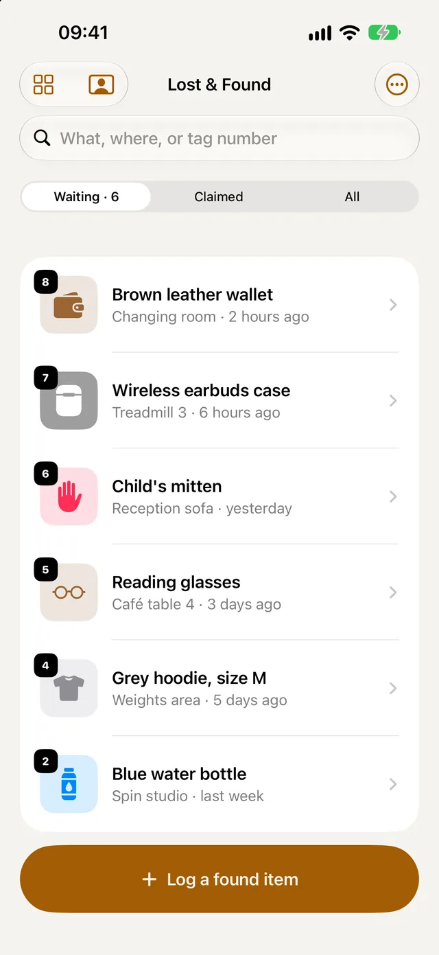Lost & found: six items waiting, each with its tag number