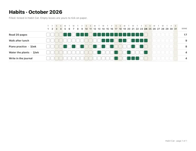 The monthly chart: every habit on one month grid, ticked days filled and empty boxes to tick on paper