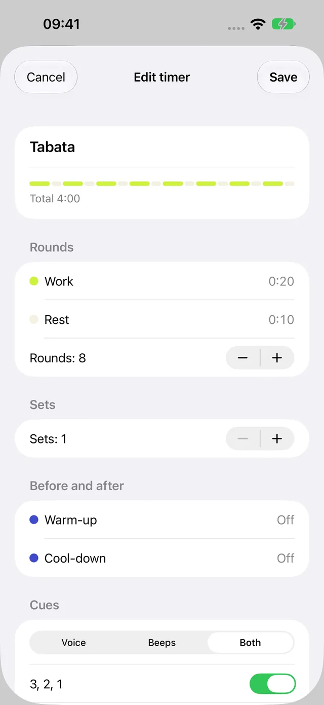 The editor: a Tabata timer as one coloured strip, work, rest and rounds, 4:00 in total