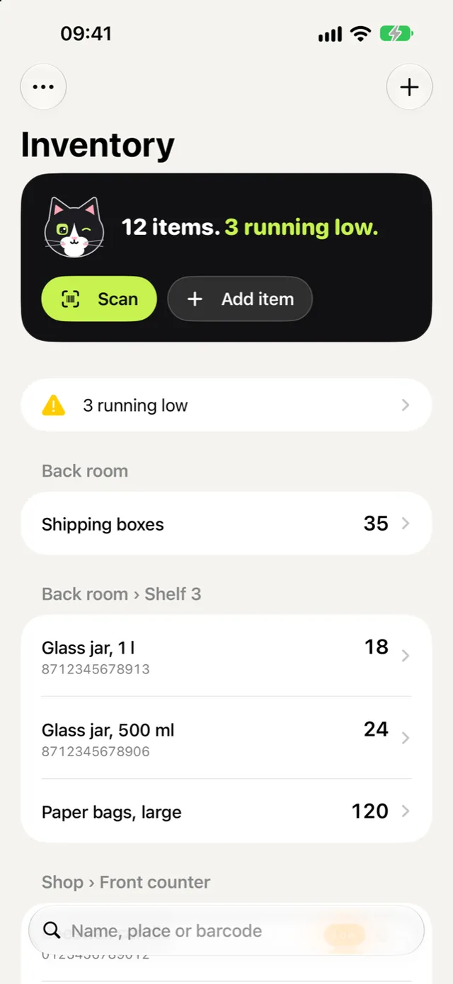 Inventory Cat’s home screen: 12 items, 3 running low