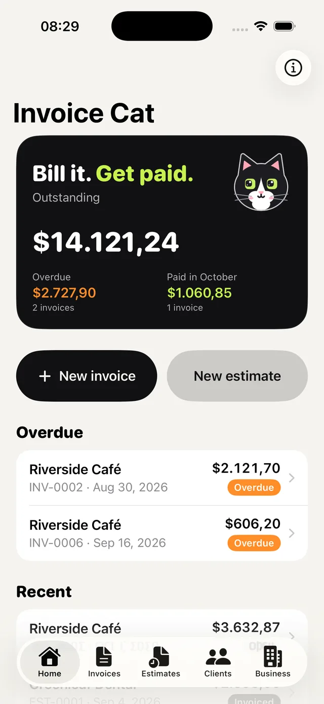 Invoice Cat’s home screen: what’s outstanding and what’s overdue