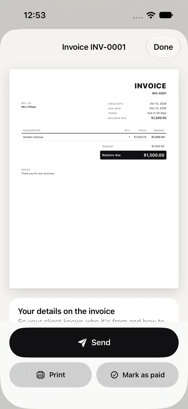 An invoice, ready to send as a PDF