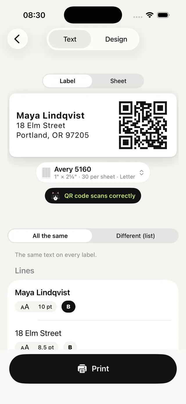 An address label with a QR code, being designed