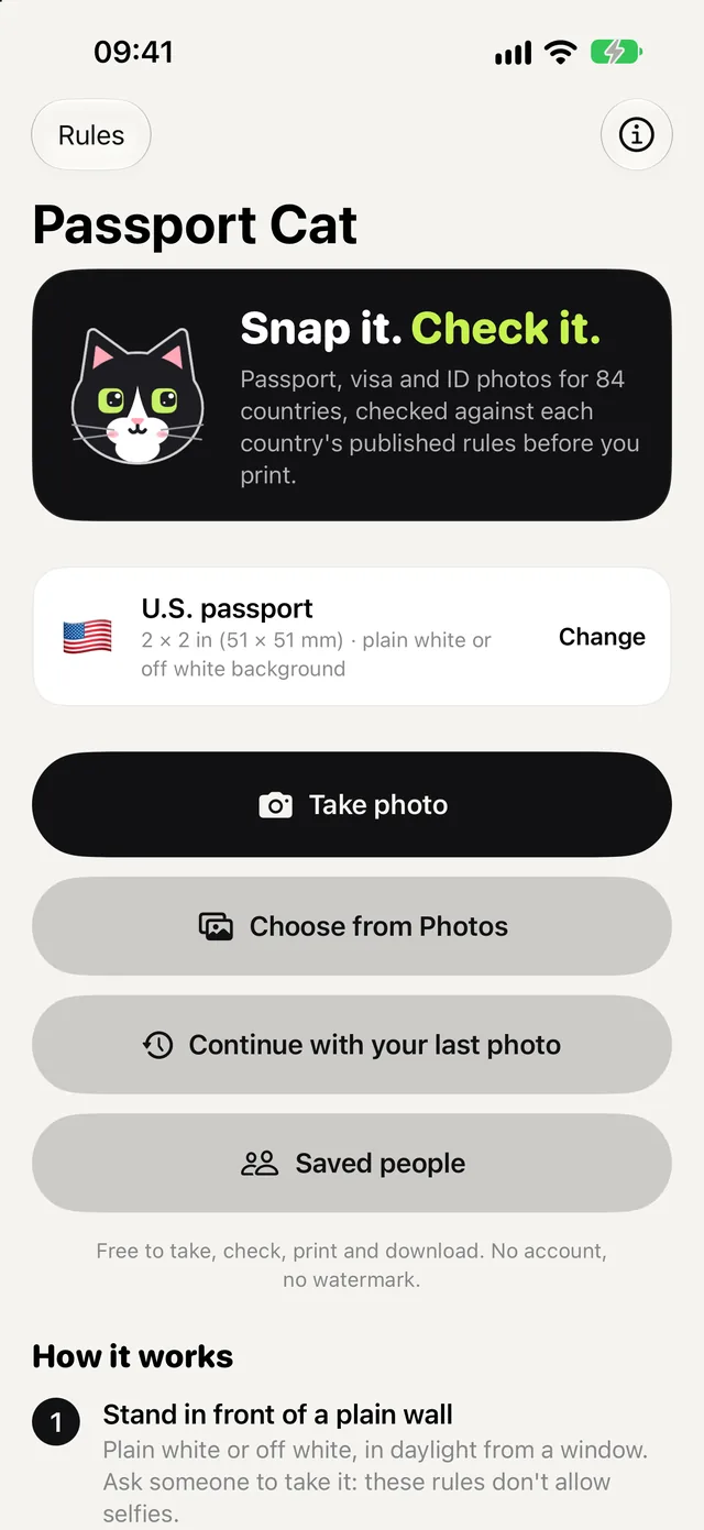 Passport Cat’s home screen: take a photo or choose one