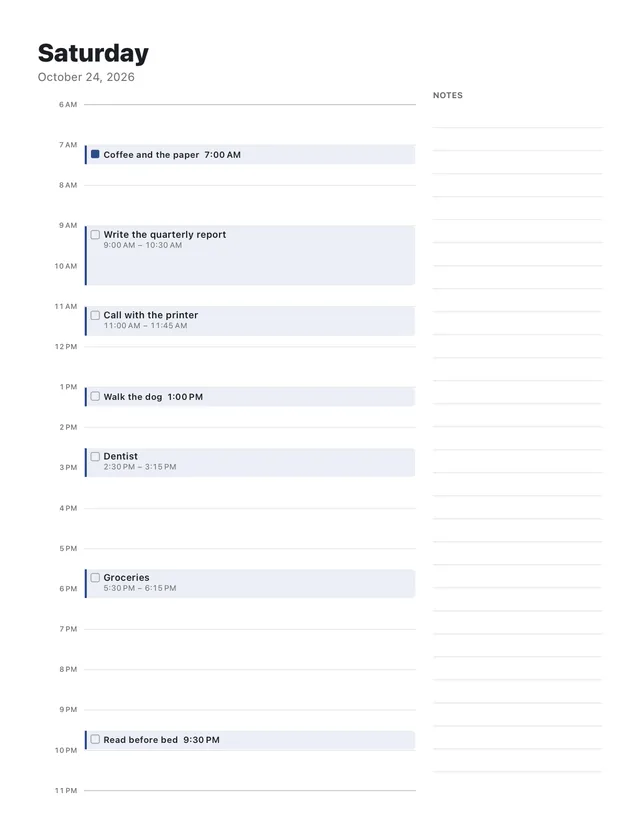 The day page to print: the hour rail, each block with its time and a tick box, and a column for notes