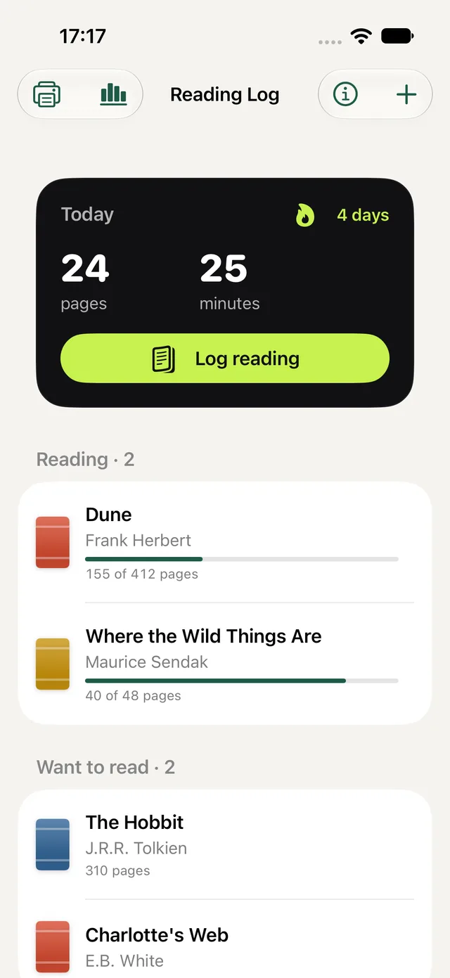 Reading Log Cat: today's pages and minutes big at the top with the streak, and the books on their shelves below, each with a progress bar