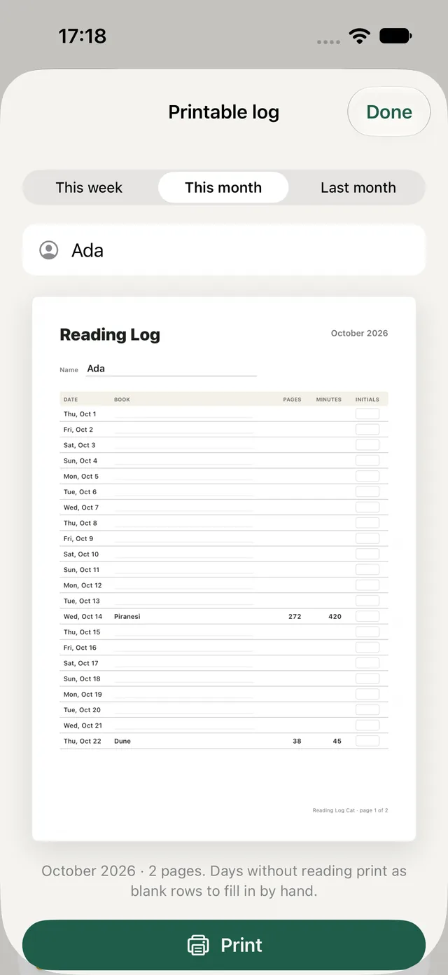 The reading log for the month as a page to print, a row for each day with the book, pages and minutes