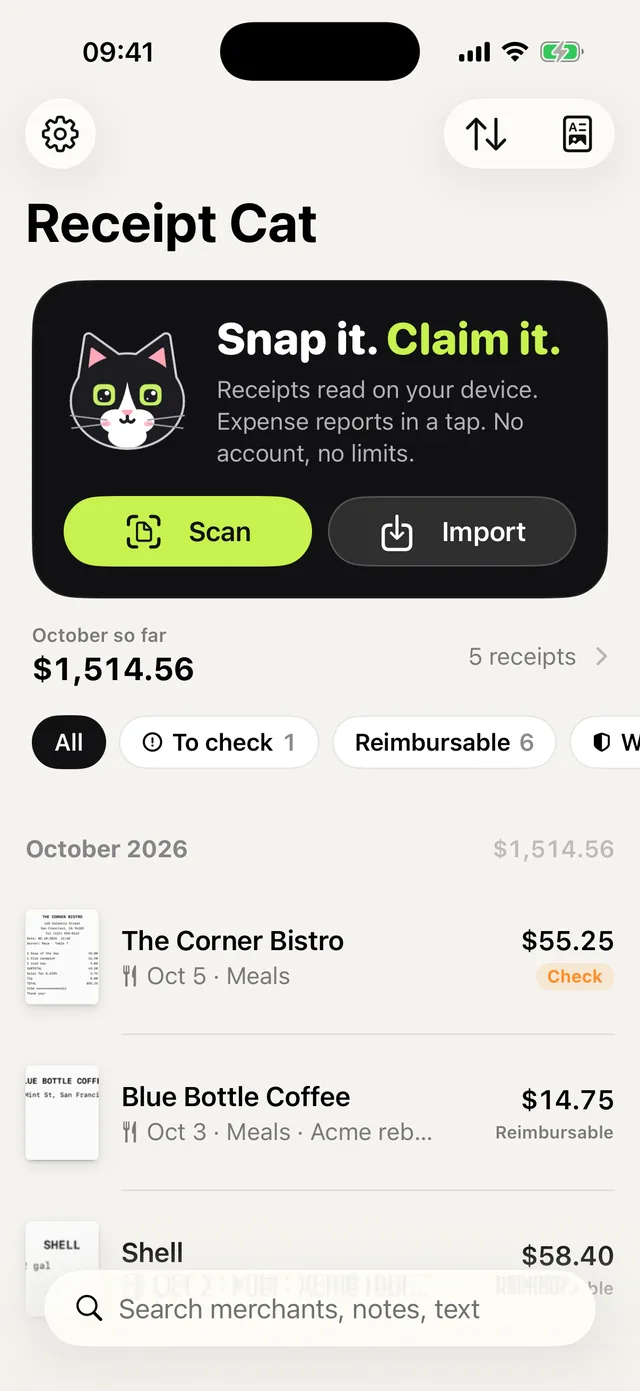 Receipt Cat’s home screen: this month’s receipts