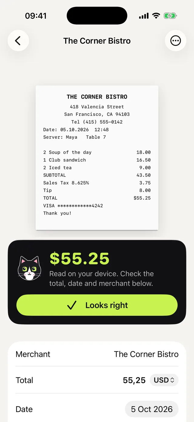 A receipt read on the phone: check the total, date and merchant