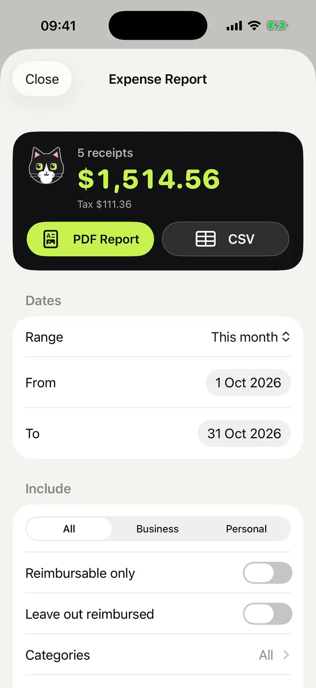 An expense report, as a PDF or a spreadsheet