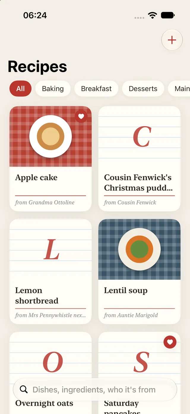 Recipe Cat’s home screen: the family’s recipes as cards, each with who it’s from