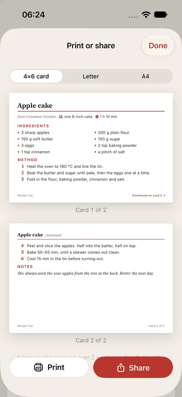 Print or share: the apple cake on two 4×6 cards