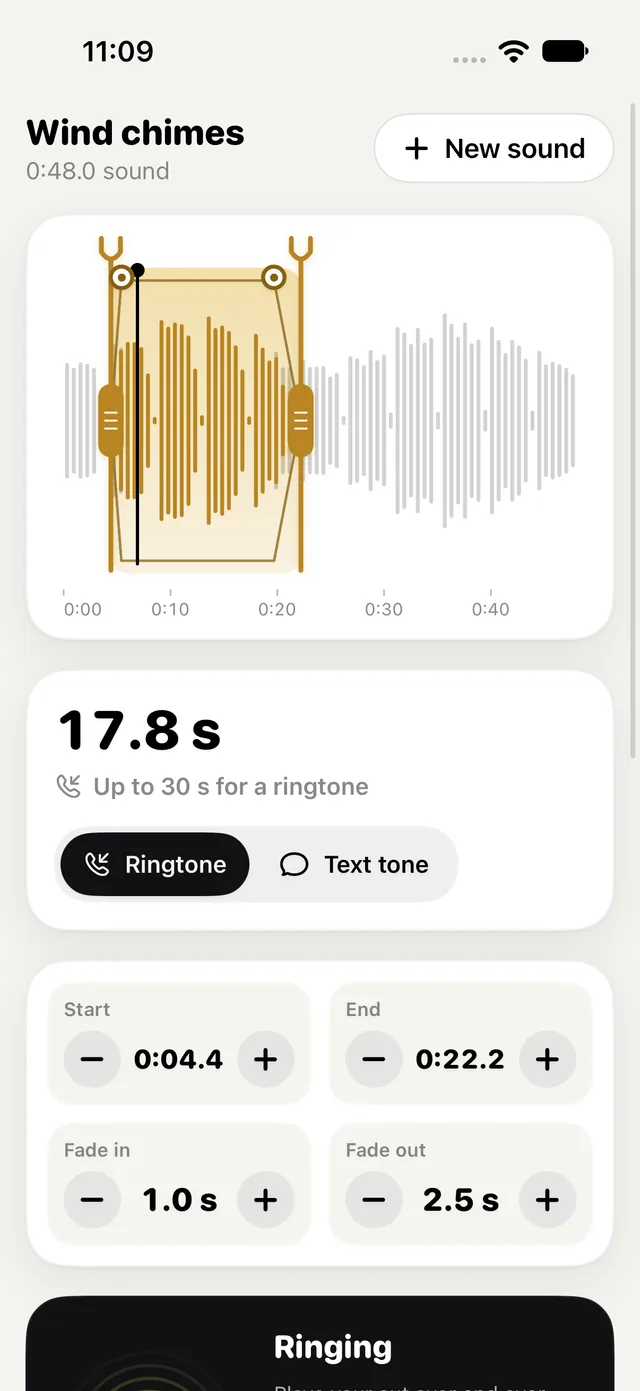 Ringtone Cat: the waveform of "Wind chimes" with the 17.8 s cut lit between two brass tuning forks, "Up to 30 s for a ringtone", Ringtone or Text tone, and the start, end and fades