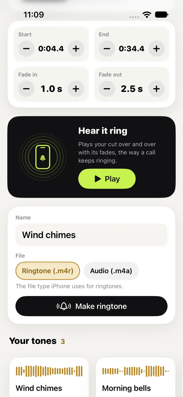 Hear it ring plays the cut over and over with its fades; then the name, Ringtone (.m4r) or Audio (.m4a), Make ringtone, and Your tones