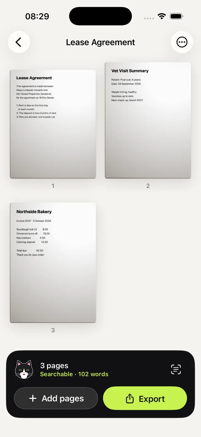 A scanned three-page document, searchable, ready to export