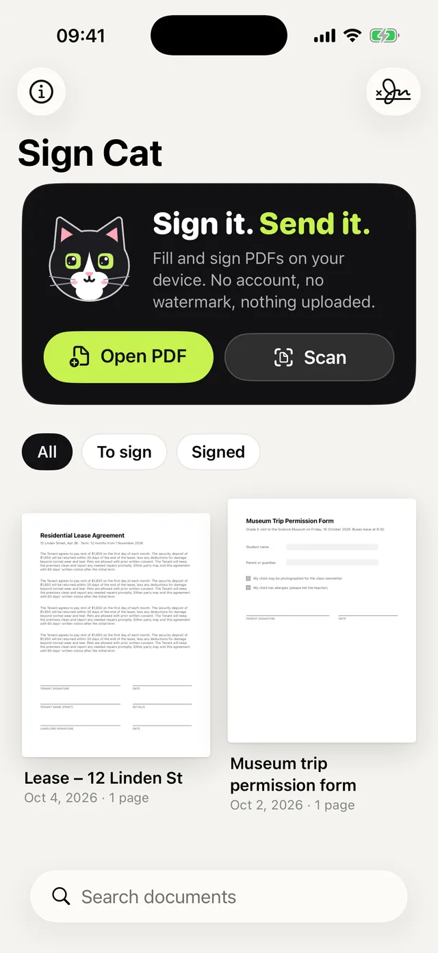 Sign Cat’s library of documents to sign