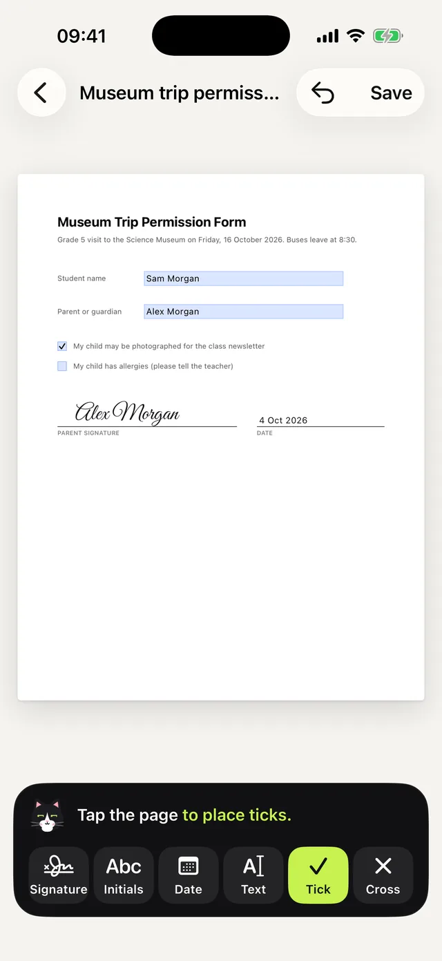 A permission form, filled in and signed