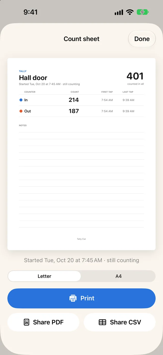 The count sheet: each counter with its first and last tap, ready to print or share